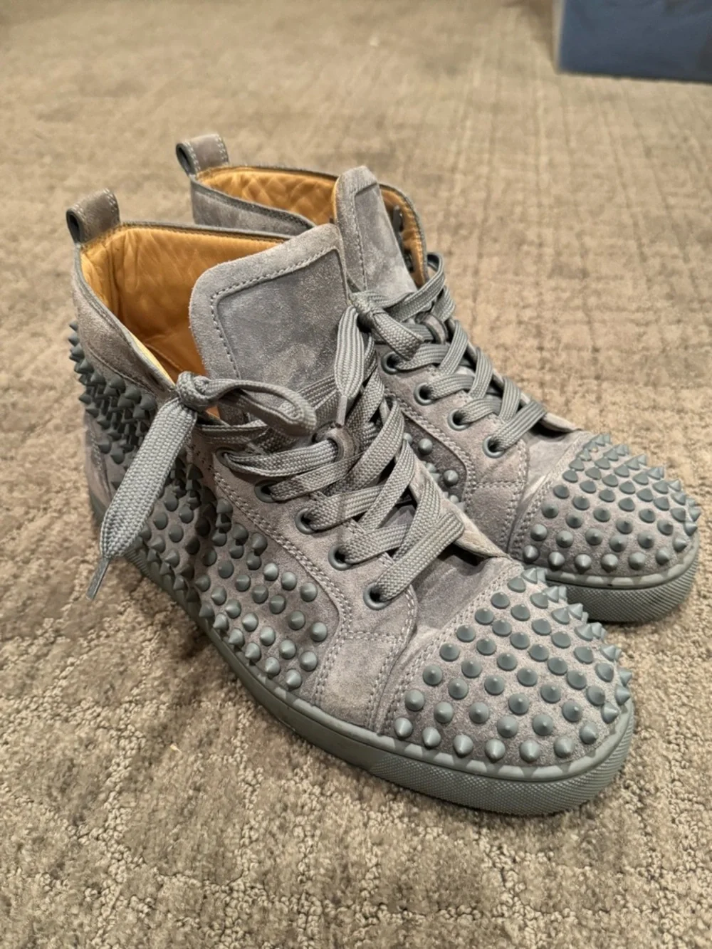 Christian Louboutin Gray Suede Studded High-Top Sneakers - Picture 1 of 6